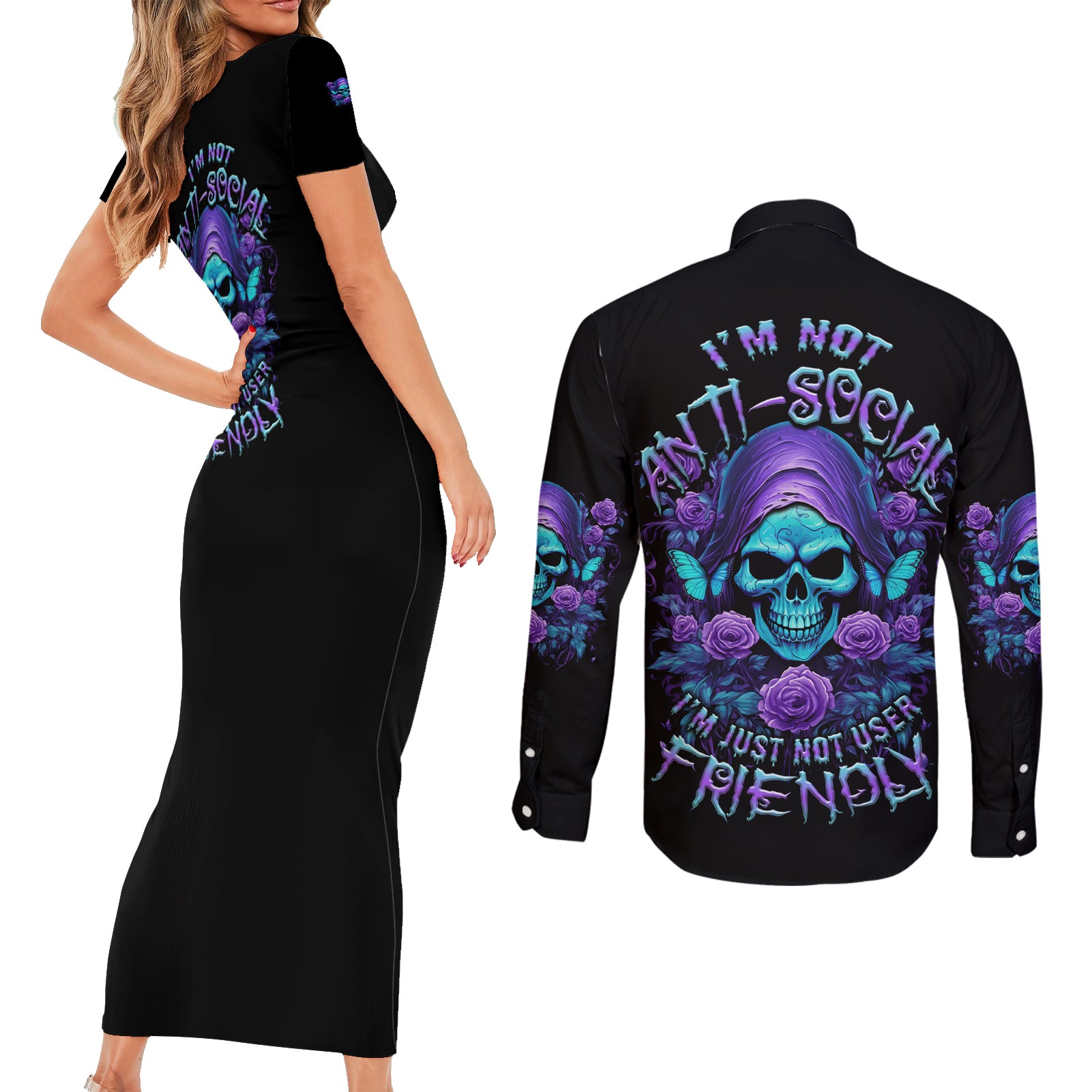 im-not-anti-social-mad-reaper-skull-couples-matching-short-sleeve-bodycon-dress-and-long-sleeve-button-shirt