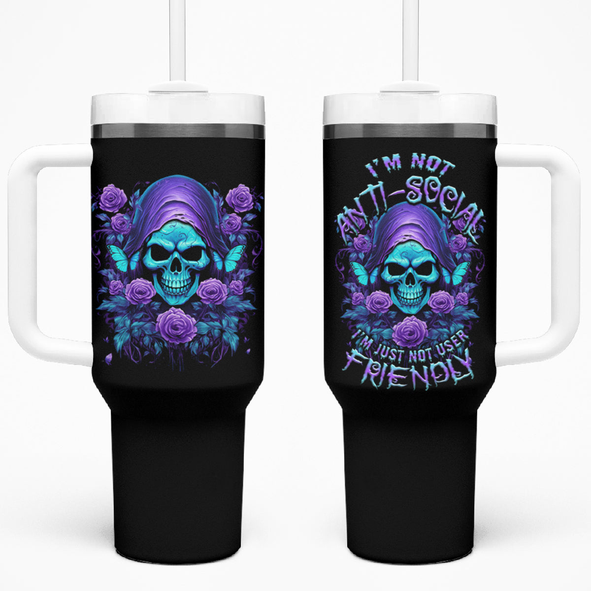 I'm Not Anti-social Mad Reaper Skull Tumbler With Handle