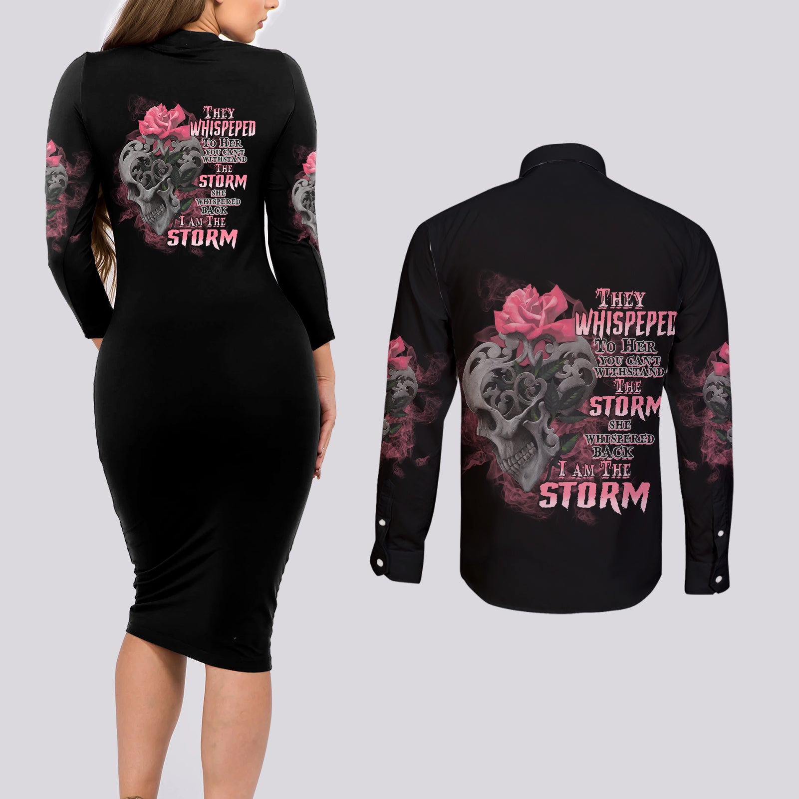 i-am-the-storm-tattooed-skull-couples-matching-long-sleeve-bodycon-dress-and-long-sleeve-button-shirt