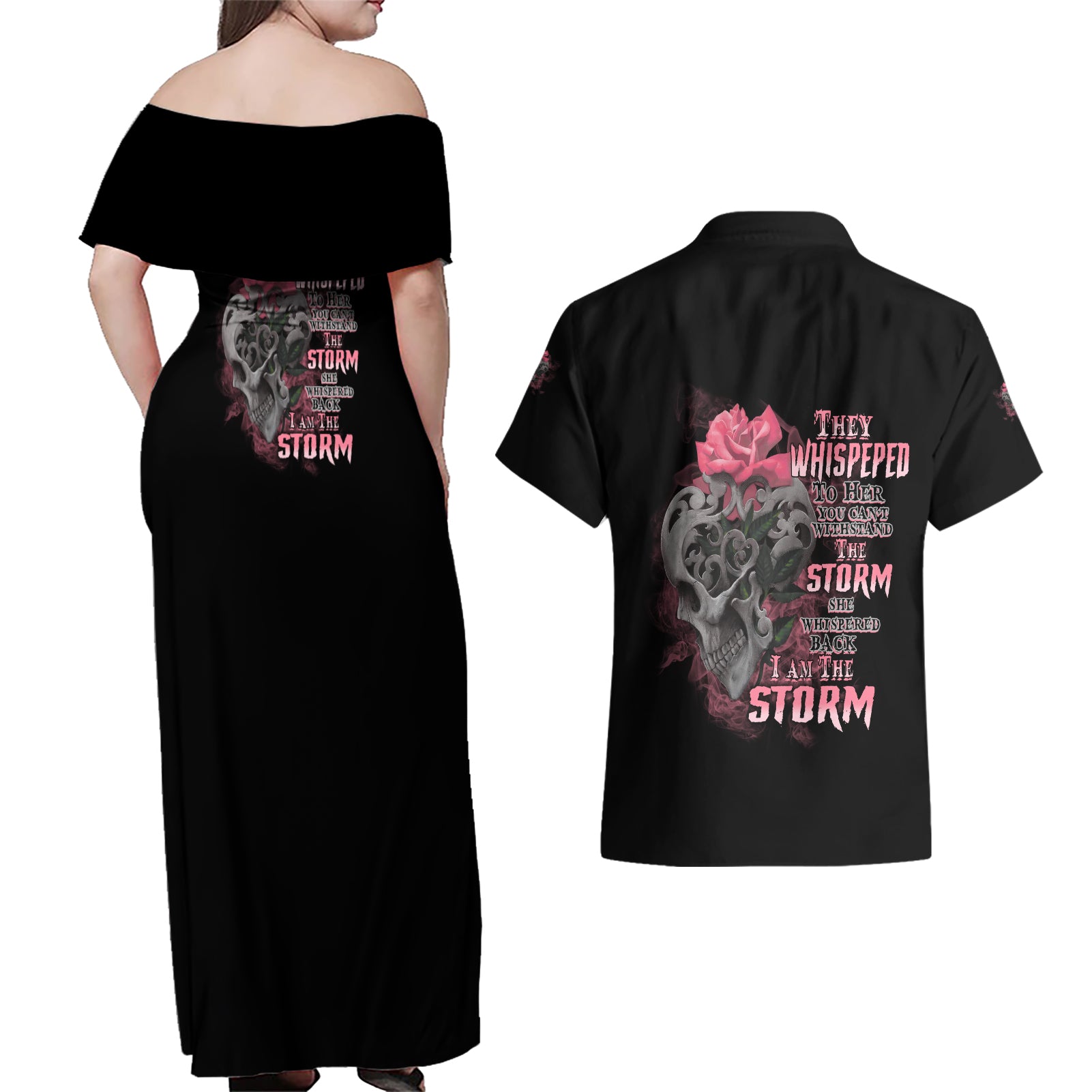 i-am-the-storm-tattooed-skull-couples-matching-off-shoulder-maxi-dress-and-hawaiian-shirt