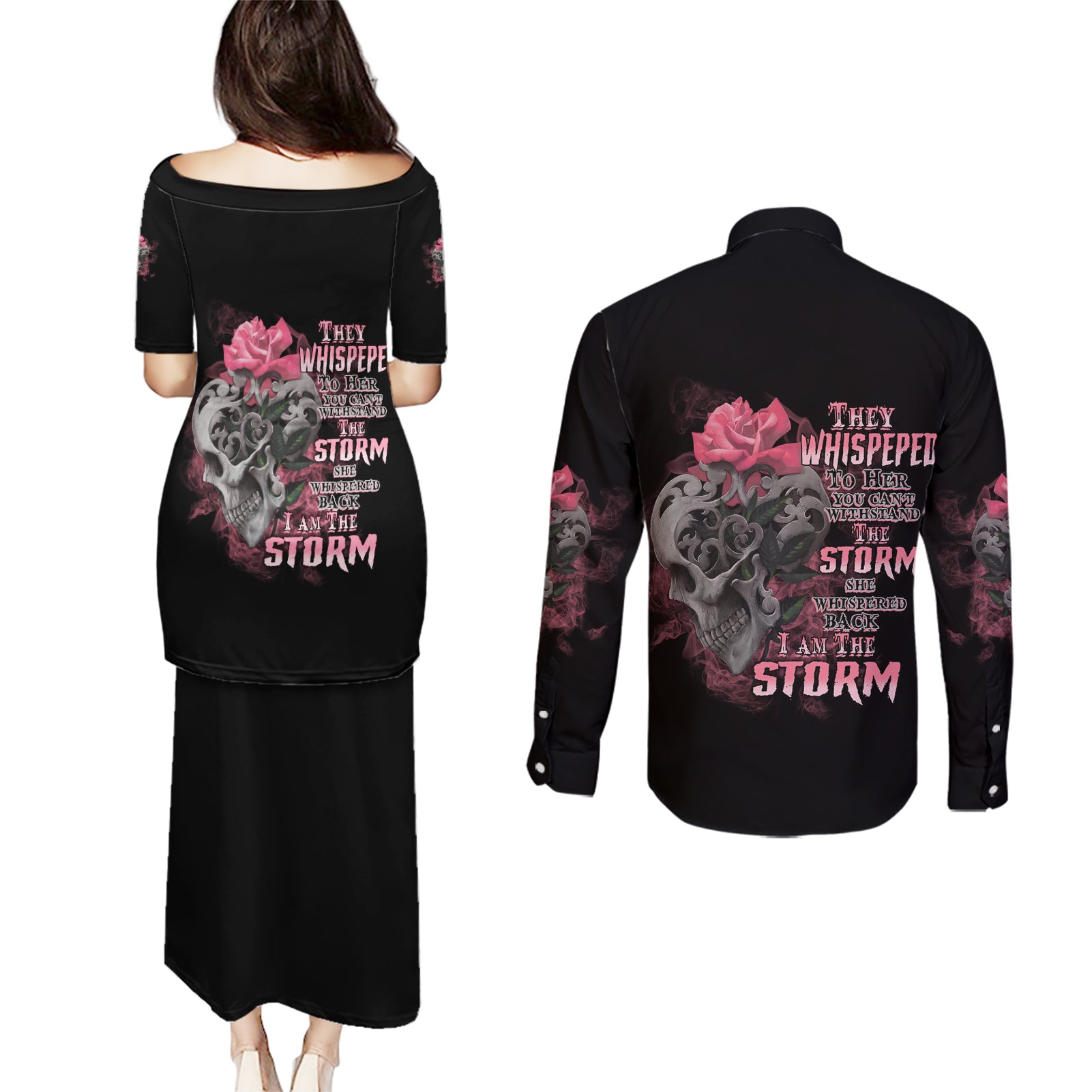 i-am-the-storm-tattooed-skull-couples-matching-puletasi-dress-and-long-sleeve-button-shirt