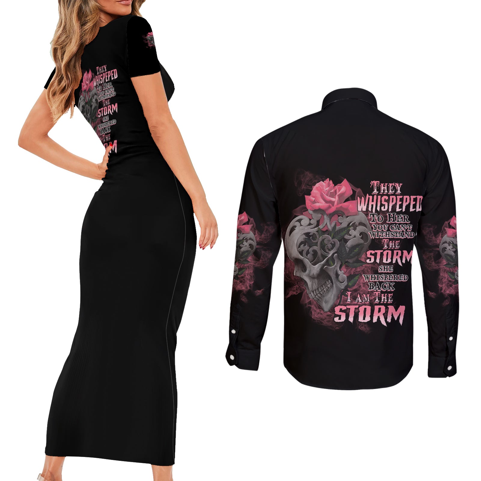 i-am-the-storm-tattooed-skull-couples-matching-short-sleeve-bodycon-dress-and-long-sleeve-button-shirt