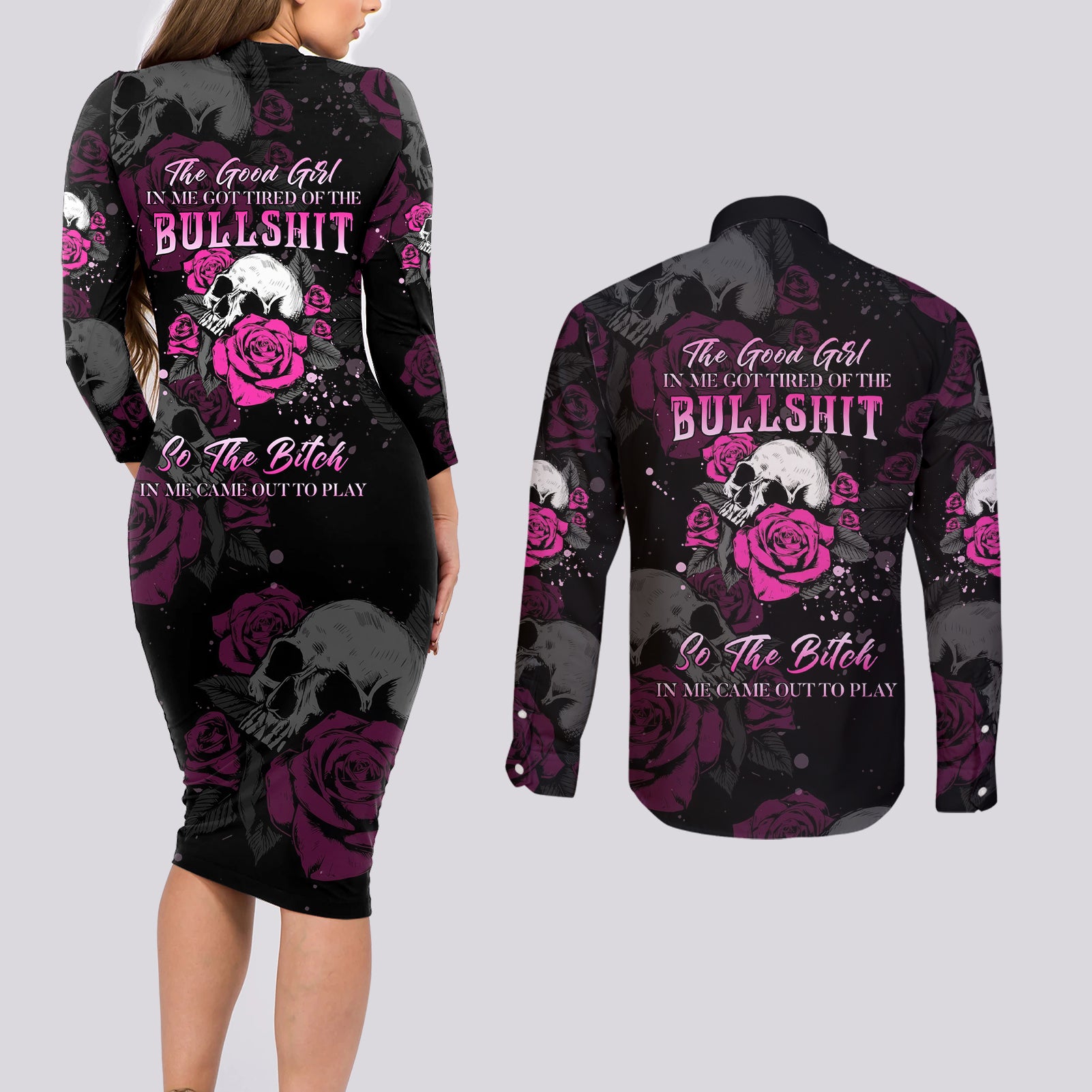 the-good-girl-in-me-got-tired-skull-rose-couples-matching-long-sleeve-bodycon-dress-and-long-sleeve-button-shirt