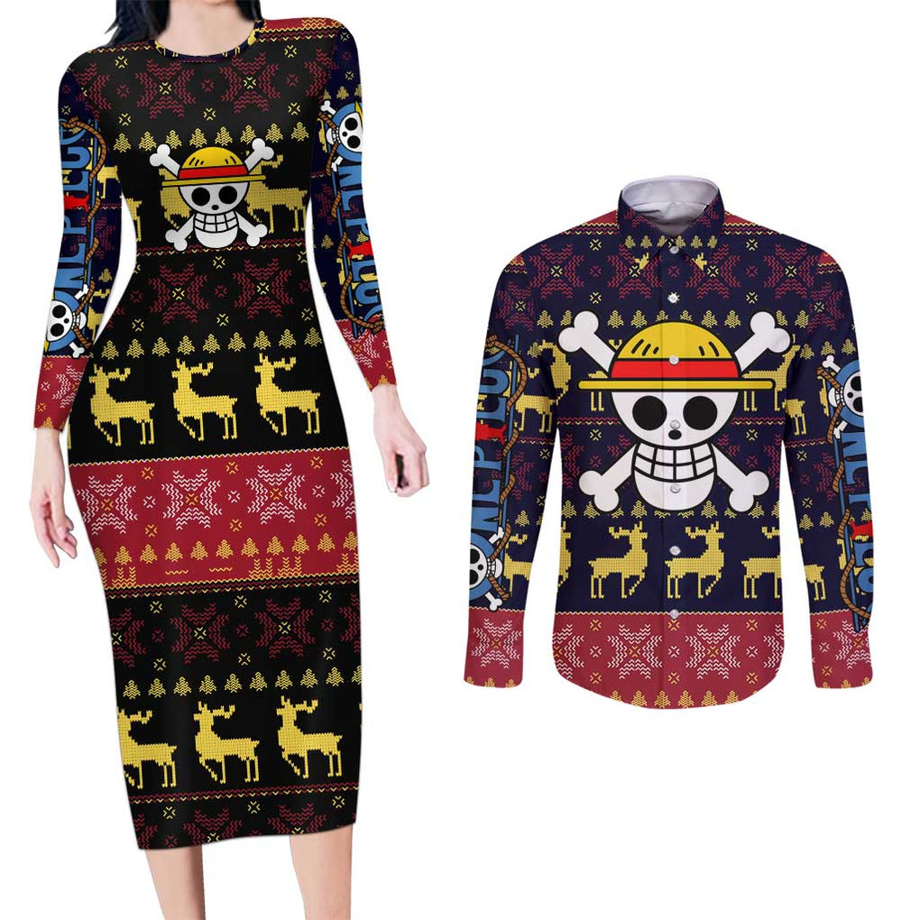 Monbkey D, Luffy - Straw Hat - One Piece Couples Matching Long Sleeve Bodycon Dress and Long Sleeve Button Shirt Anime Mix Christmas Style