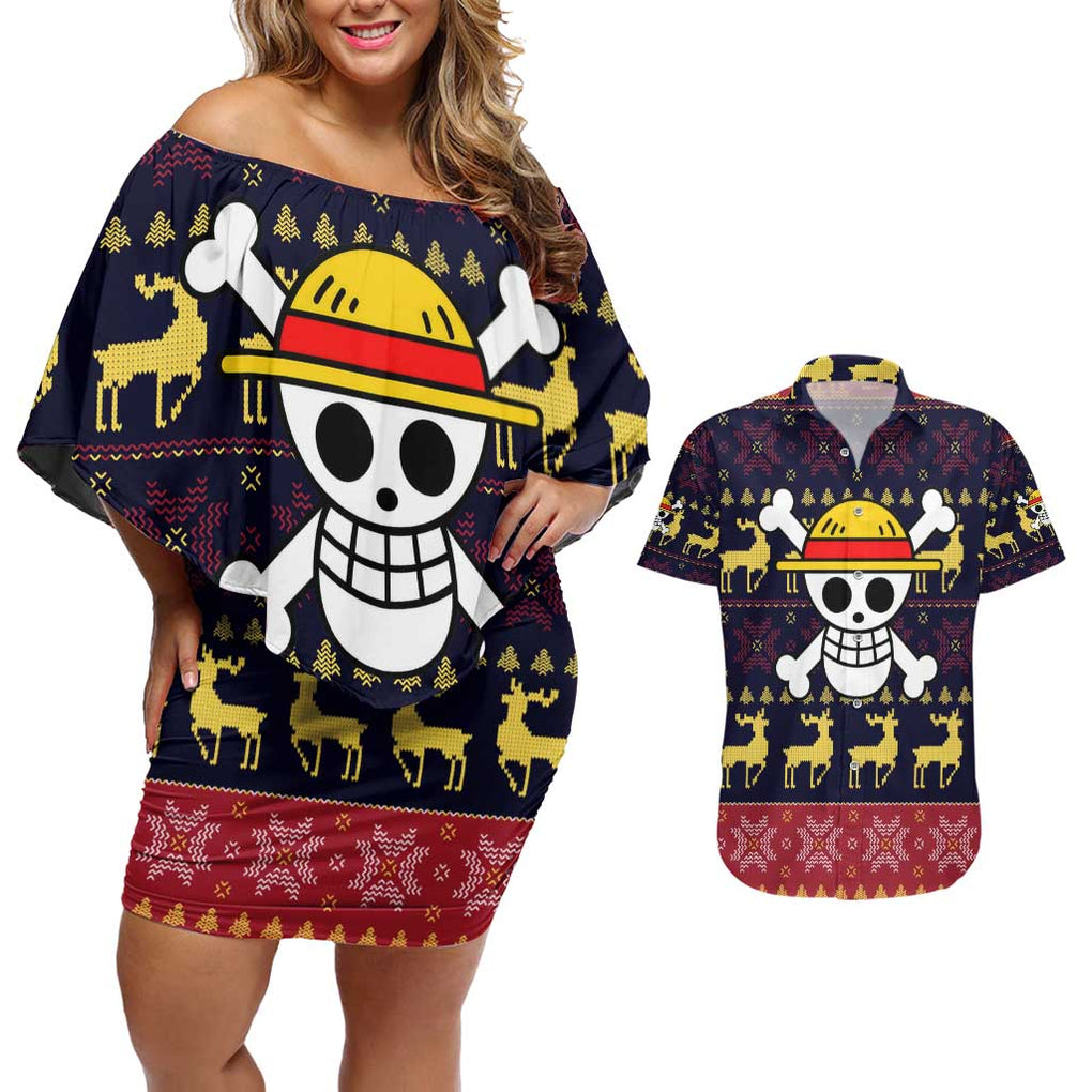 Monbkey D, Luffy - Straw Hat - One Piece Couples Matching Off Shoulder Short Dress and Hawaiian Shirt Anime Mix Christmas Style