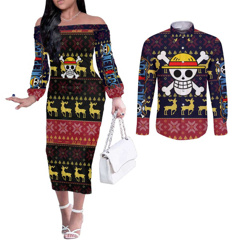 Monbkey D, Luffy - Straw Hat - One Piece Couples Matching Off The Shoulder Long Sleeve Dress and Long Sleeve Button Shirt Anime Mix Christmas Style