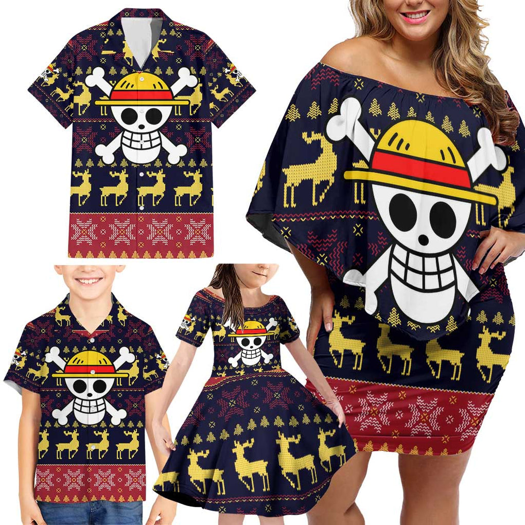 Monbkey D, Luffy - Straw Hat - One Piece Family Matching Off Shoulder Short Dress and Hawaiian Shirt Anime Mix Christmas Style