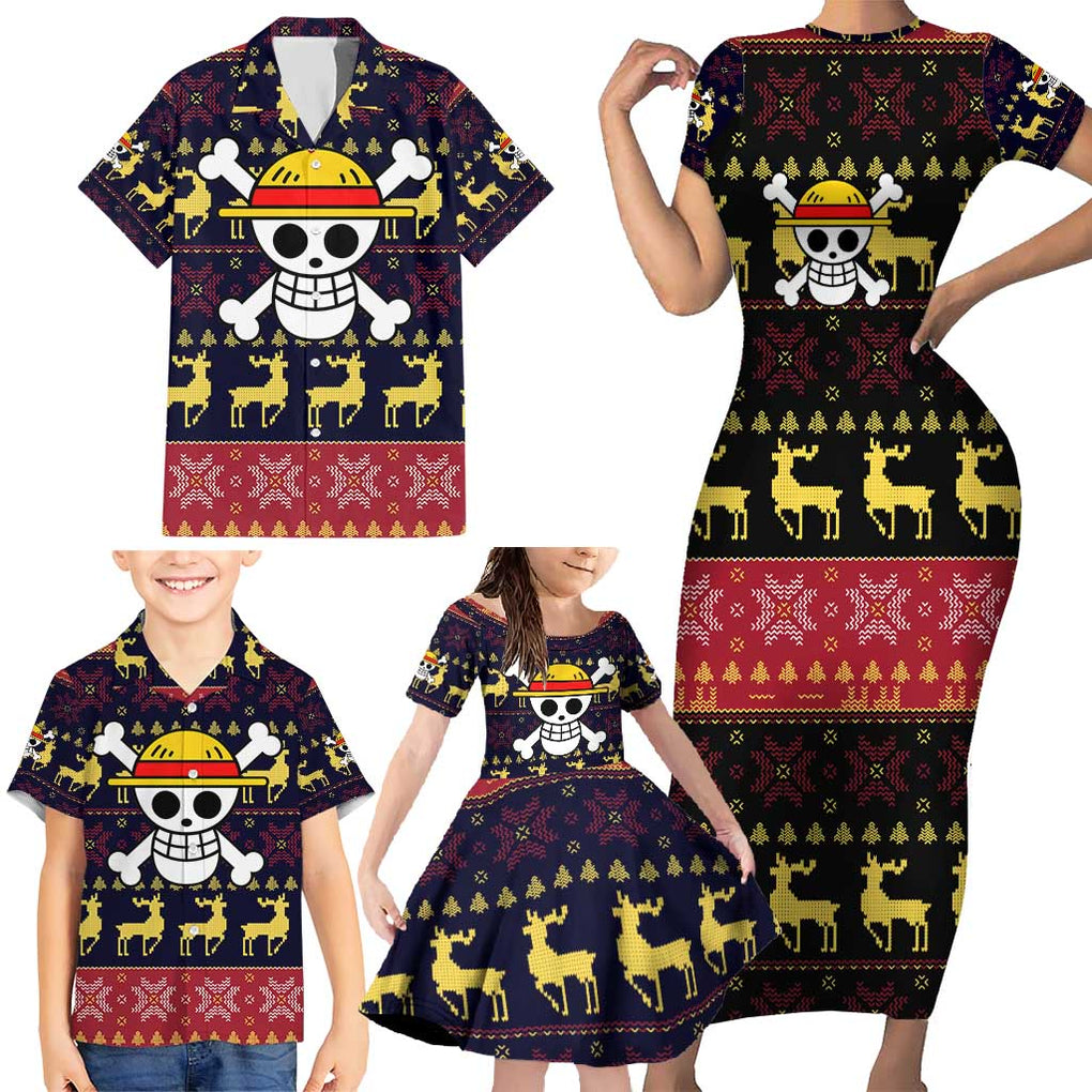 Monbkey D, Luffy - Straw Hat - One Piece Family Matching Short Sleeve Bodycon Dress and Hawaiian Shirt Anime Mix Christmas Style