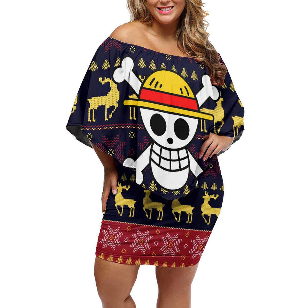 Monbkey D, Luffy - Straw Hat - One Piece Off Shoulder Short Dress Anime Mix Christmas Style