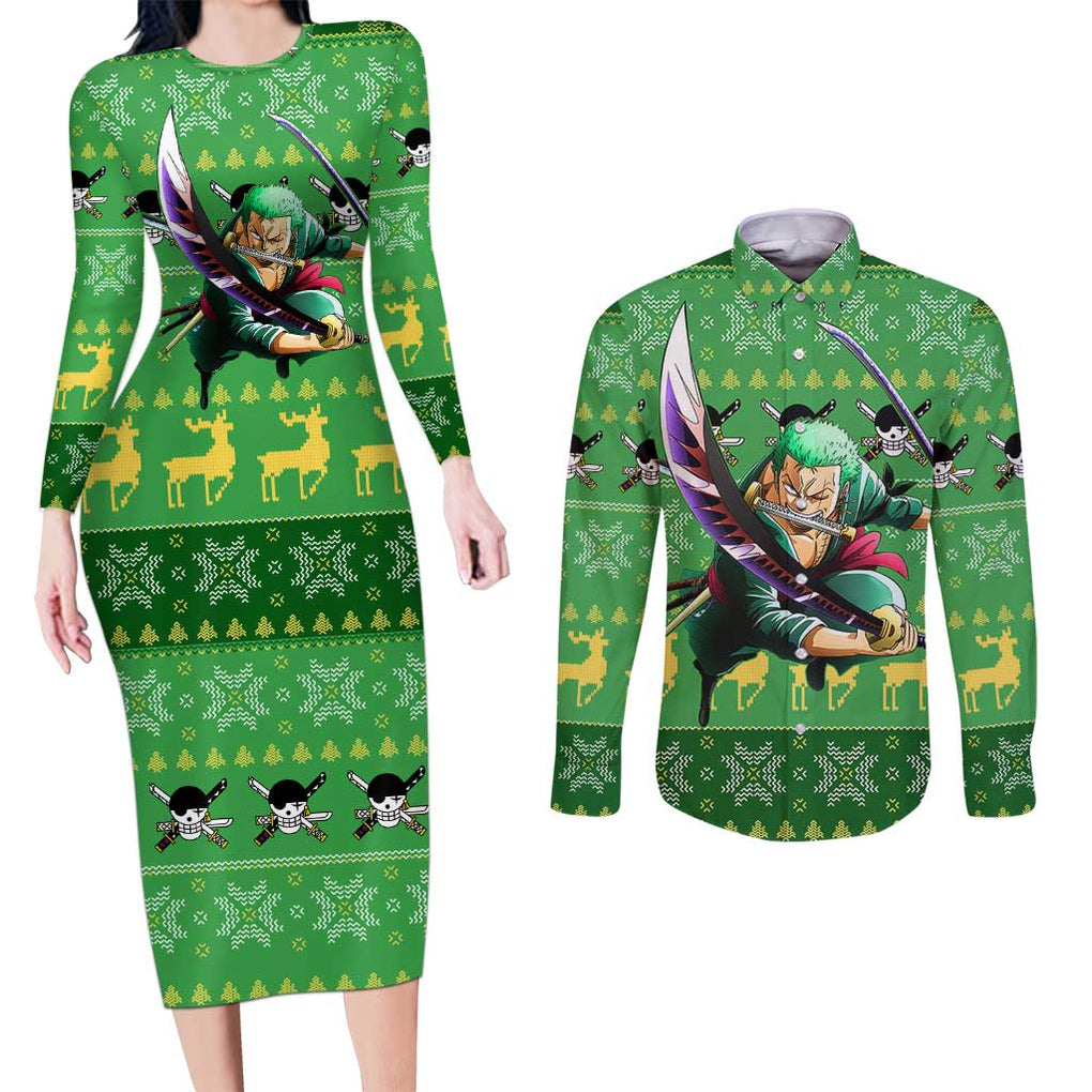 Roronoa Zoro - One Piece Couples Matching Long Sleeve Bodycon Dress and Long Sleeve Button Shirt Anime Mix Christmas Style