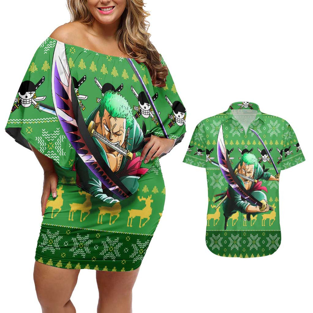 Roronoa Zoro - One Piece Couples Matching Off Shoulder Short Dress and Hawaiian Shirt Anime Mix Christmas Style