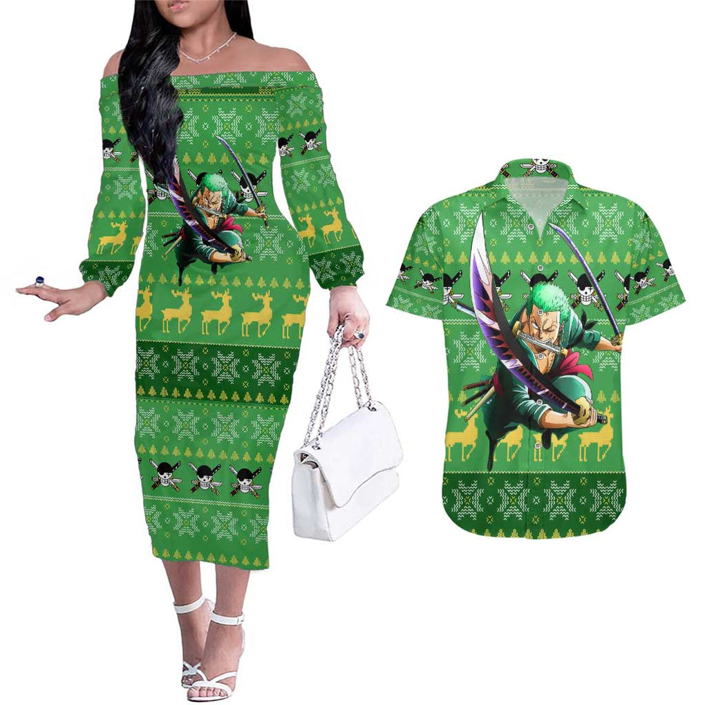 Roronoa Zoro - One Piece Couples Matching Off The Shoulder Long Sleeve Dress and Hawaiian Shirt Anime Mix Christmas Style