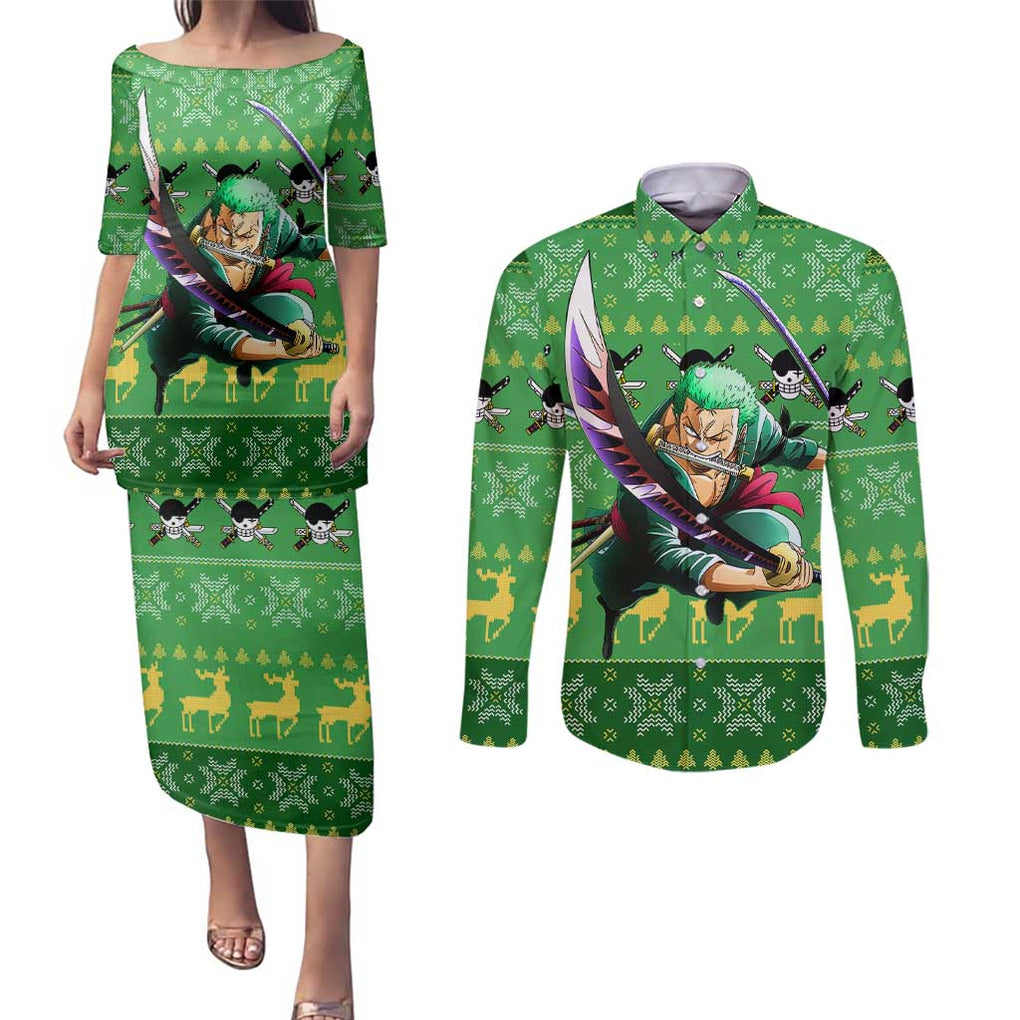 Roronoa Zoro - One Piece Couples Matching Puletasi and Long Sleeve Button Shirt Anime Mix Christmas Style