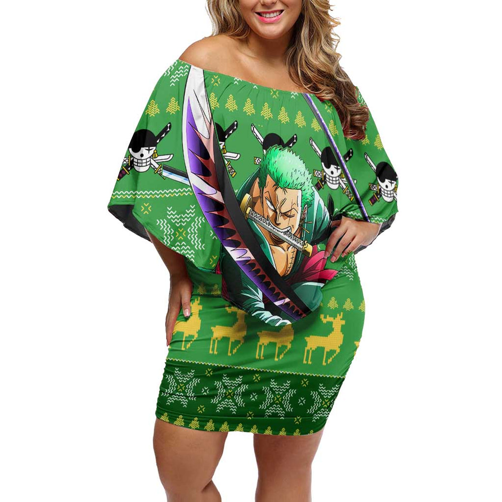 Roronoa Zoro - One Piece Off Shoulder Short Dress Anime Mix Christmas Style