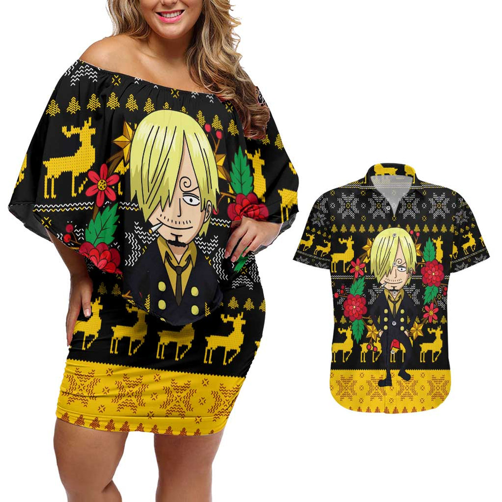 Sanji - One Piece Couples Matching Off Shoulder Short Dress and Hawaiian Shirt Anime Mix Christmas Style