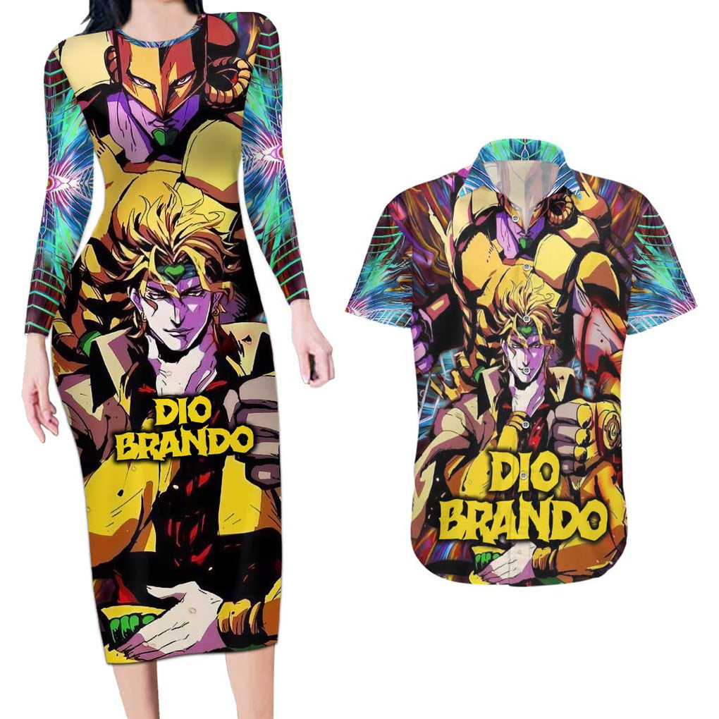 Trippy Dio Brando JoJo’s Bizarre Adventure Couples Matching Long Sleeve Bodycon Dress and Hawaiian Shirt Anime Style