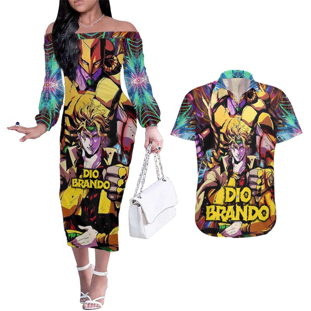 Trippy Dio Brando JoJo’s Bizarre Adventure Couples Matching Off The Shoulder Long Sleeve Dress and Hawaiian Shirt Anime Style