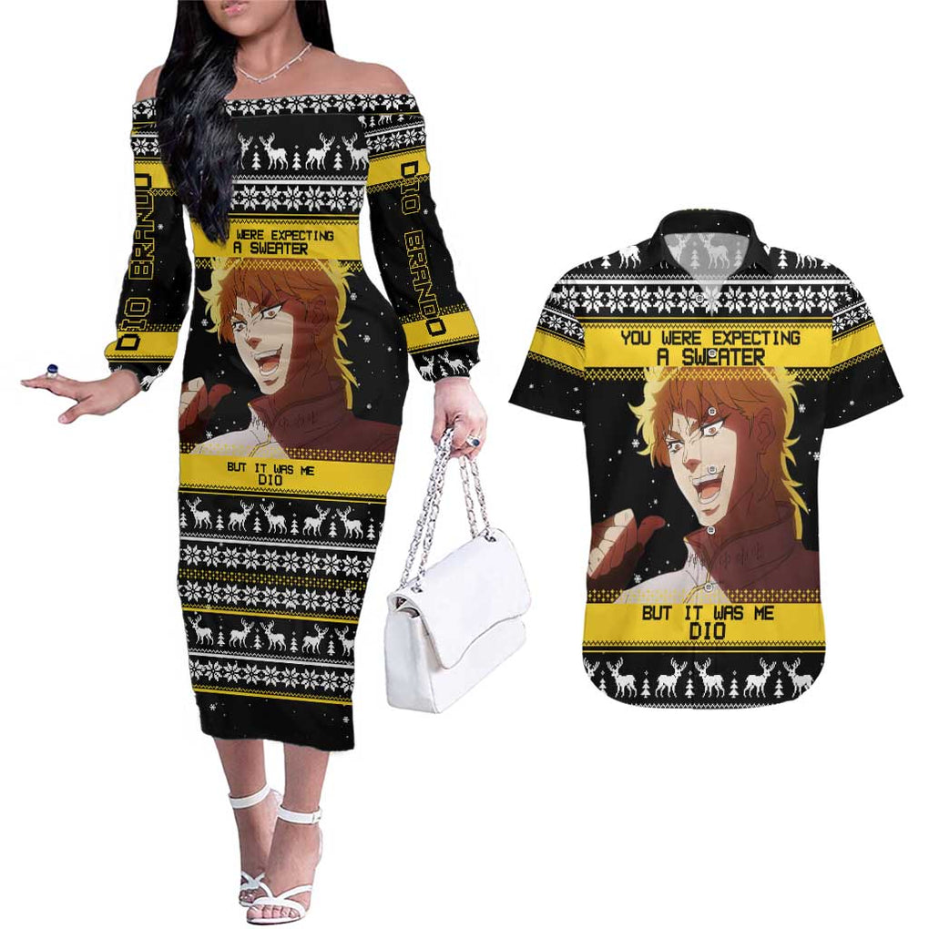 Dio Brando - JoJo’s Bizarre Adventure Couples Matching Off The Shoulder Long Sleeve Dress and Hawaiian Shirt Anime Mix Christmas Style