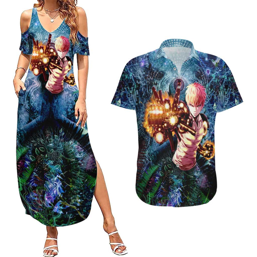 Trippy Genos One Punch Man Couples Matching Summer Maxi Dress and Hawaiian Shirt Trippy Mix Anime Style