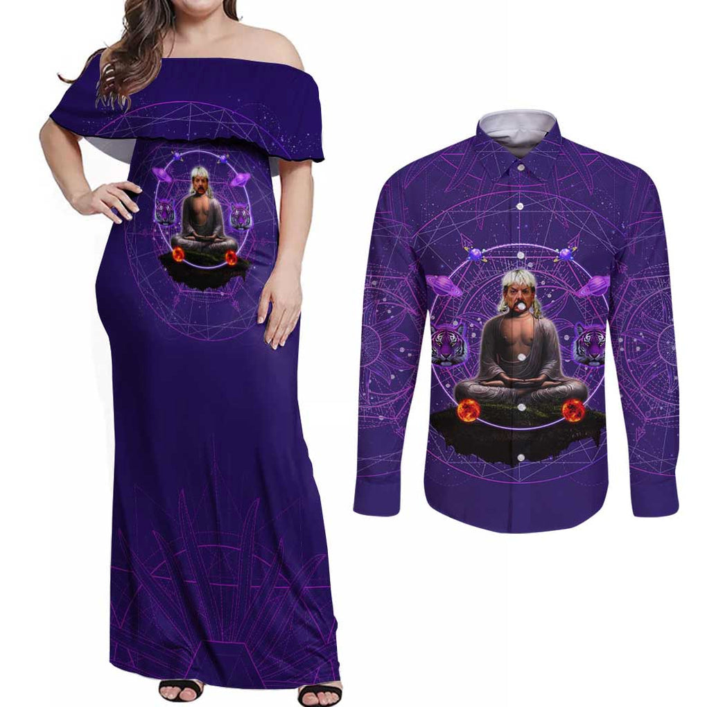 Tiger King Trippy Joe Exotic Astral Meditation Couples Matching Off Shoulder Maxi Dress and Long Sleeve Button Shirt Trippy Style