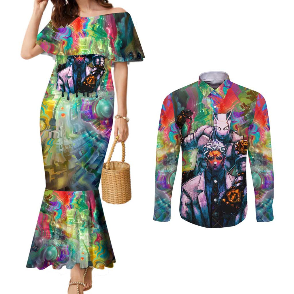 Trippy Yoshikage Kira Deadly Queen Jojo’s Bizarre Adventure Couples Matching Mermaid Dress and Long Sleeve Button Shirt Trippy Style