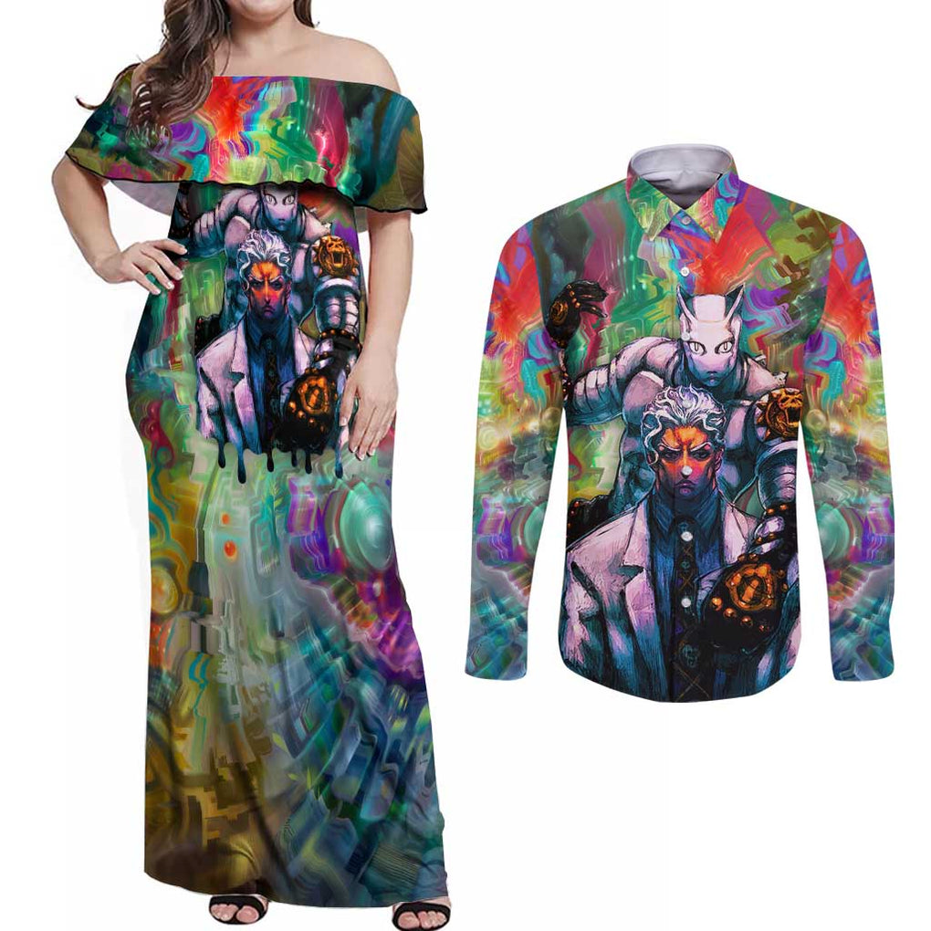 Trippy Yoshikage Kira Deadly Queen Jojo’s Bizarre Adventure Couples Matching Off Shoulder Maxi Dress and Long Sleeve Button Shirt Trippy Style