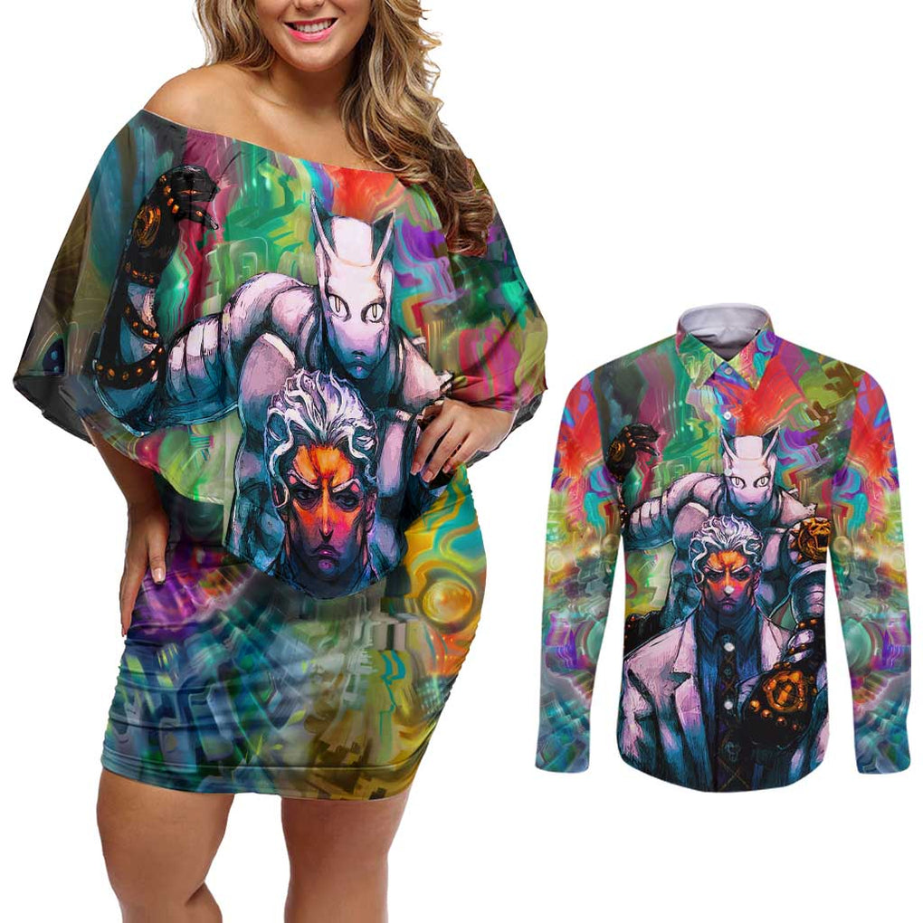 Trippy Yoshikage Kira Deadly Queen Jojo’s Bizarre Adventure Couples Matching Off Shoulder Short Dress and Long Sleeve Button Shirt Trippy Style