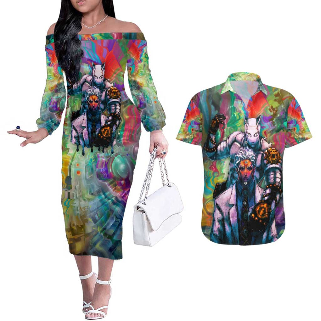 Trippy Yoshikage Kira Deadly Queen Jojo’s Bizarre Adventure Couples Matching Off The Shoulder Long Sleeve Dress and Hawaiian Shirt Trippy Style