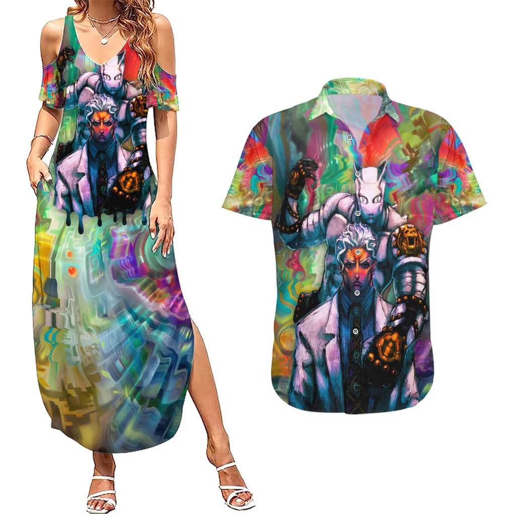 Trippy Yoshikage Kira Deadly Queen Jojo’s Bizarre Adventure Couples Matching Summer Maxi Dress and Hawaiian Shirt Trippy Style