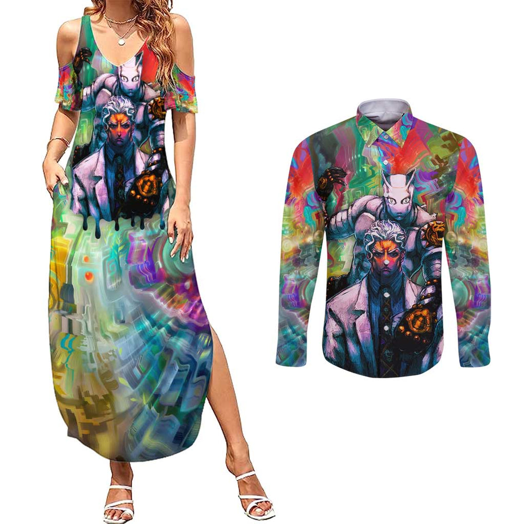 Trippy Yoshikage Kira Deadly Queen Jojo’s Bizarre Adventure Couples Matching Summer Maxi Dress and Long Sleeve Button Shirt Trippy Style