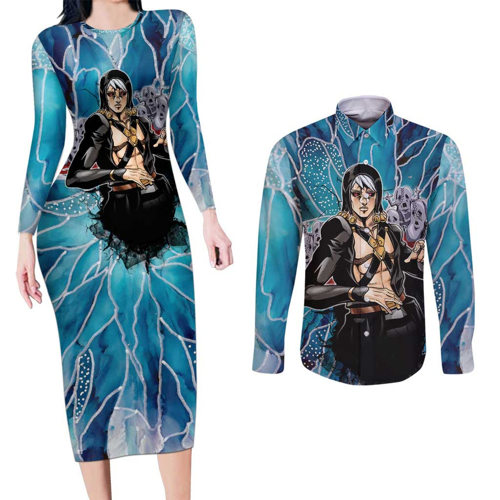 Trippy Risotto Nero Metallic Jojo’s Bizarre Adventure Couples Matching Long Sleeve Bodycon Dress and Long Sleeve Button Shirt Trippy Style