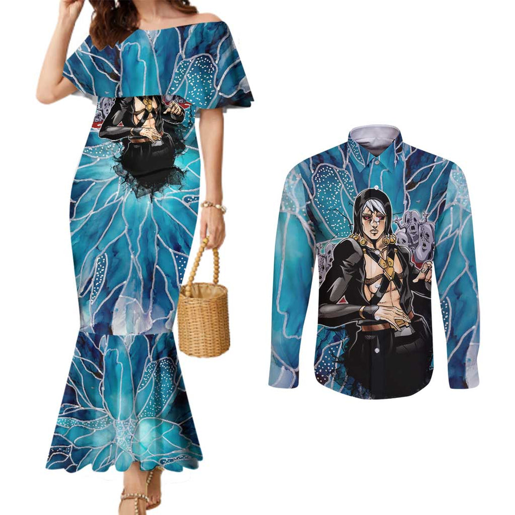 Trippy Risotto Nero Metallic Jojo’s Bizarre Adventure Couples Matching Mermaid Dress and Long Sleeve Button Shirt Trippy Style