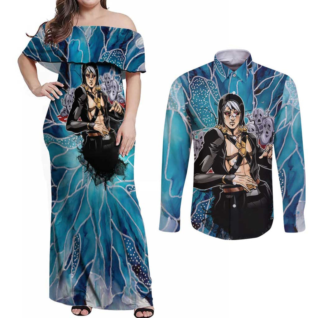 Trippy Risotto Nero Metallic Jojo’s Bizarre Adventure Couples Matching Off Shoulder Maxi Dress and Long Sleeve Button Shirt Trippy Style