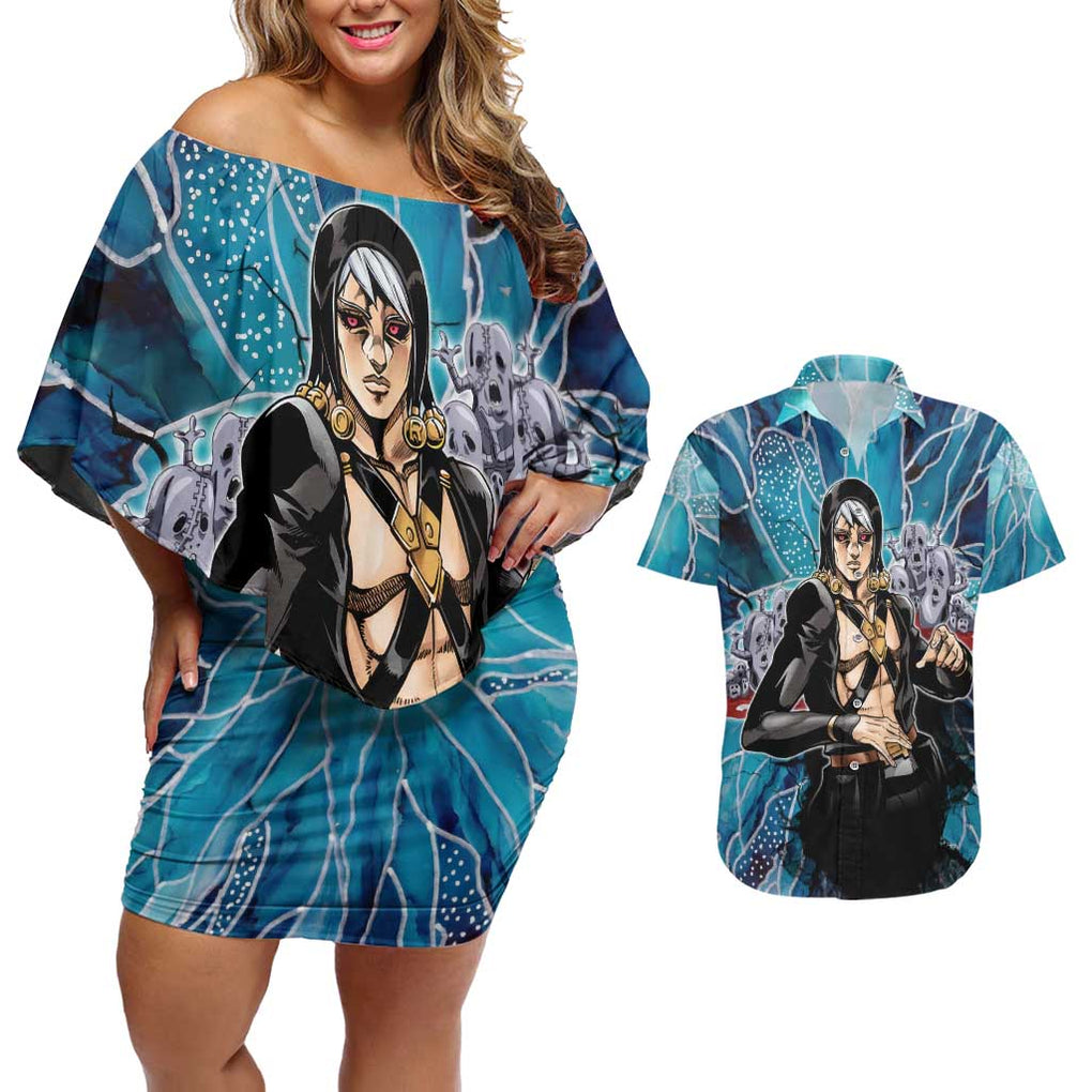 Trippy Risotto Nero Metallic Jojo’s Bizarre Adventure Couples Matching Off Shoulder Short Dress and Hawaiian Shirt Trippy Style