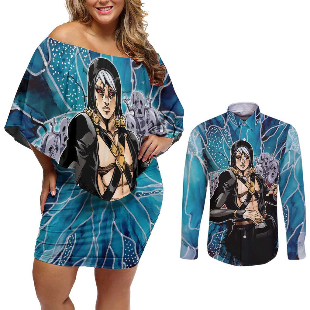 Trippy Risotto Nero Metallic Jojo’s Bizarre Adventure Couples Matching Off Shoulder Short Dress and Long Sleeve Button Shirt Trippy Style