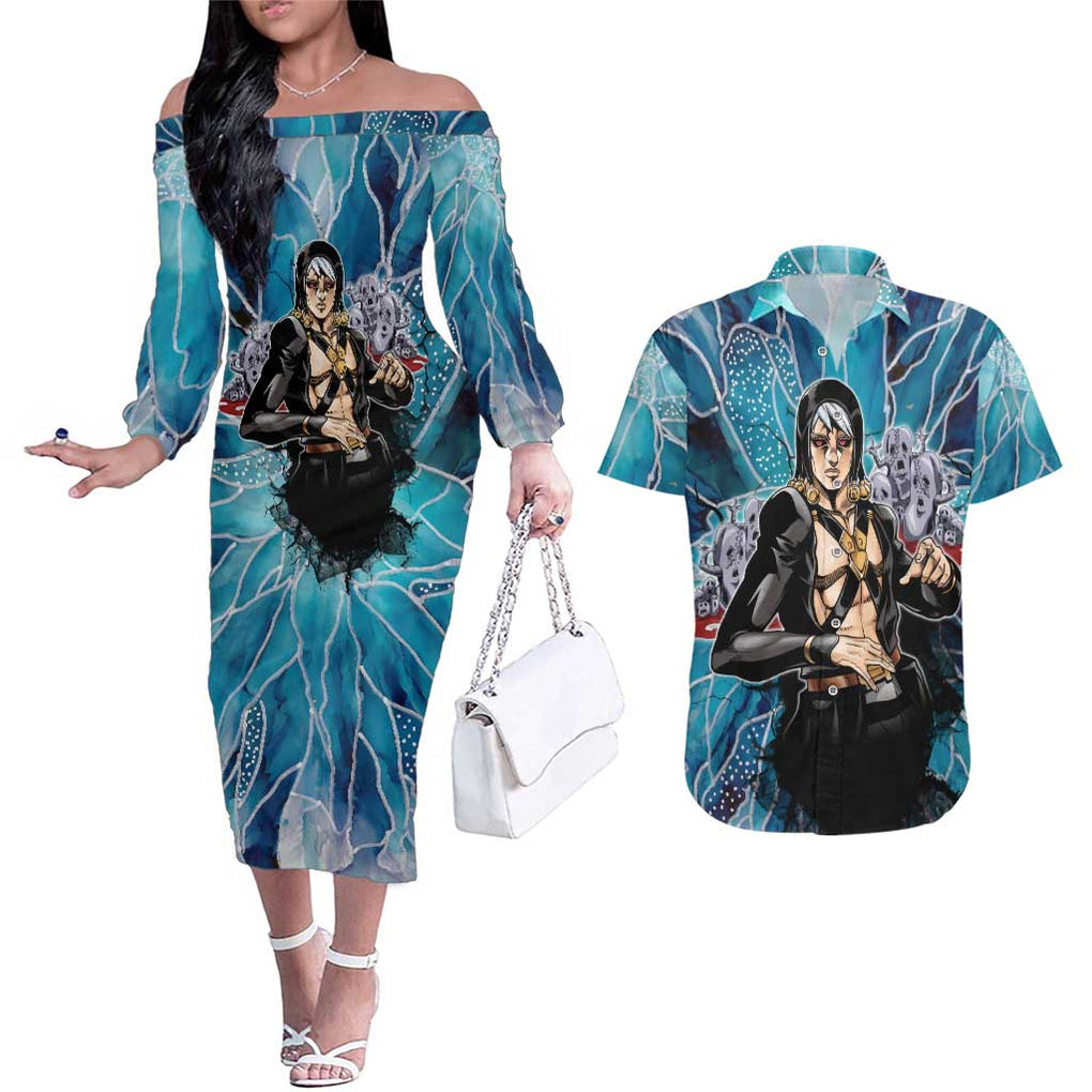 Trippy Risotto Nero Metallic Jojo’s Bizarre Adventure Couples Matching Off The Shoulder Long Sleeve Dress and Hawaiian Shirt Trippy Style