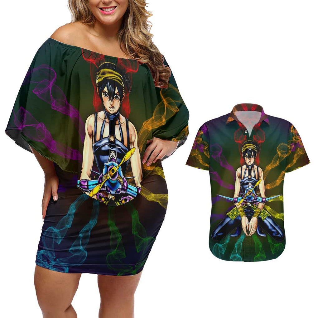 Trippy Narancia Lil Bomber Jojo’s Bizarre Adventure Couples Matching Off Shoulder Short Dress and Hawaiian Shirt Trippy Style