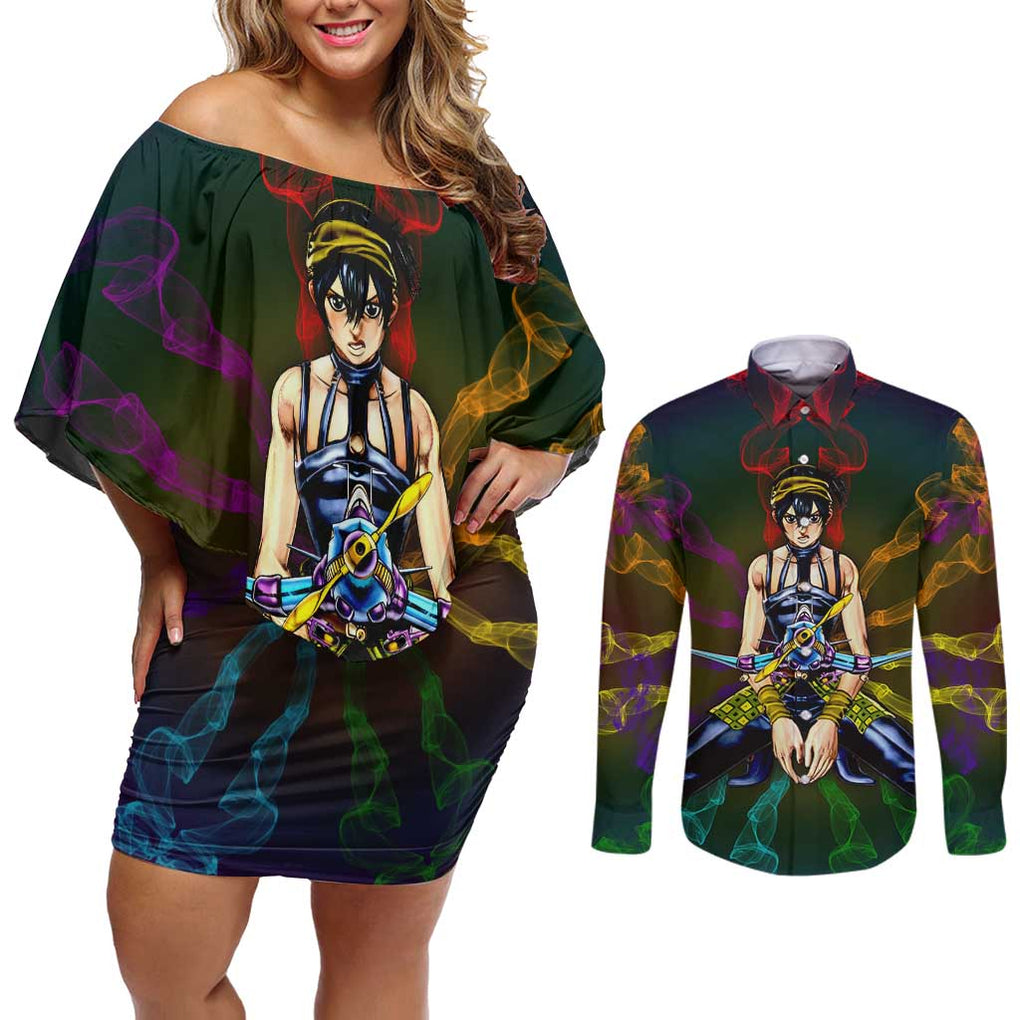 Trippy Narancia Lil Bomber Jojo’s Bizarre Adventure Couples Matching Off Shoulder Short Dress and Long Sleeve Button Shirt Trippy Style