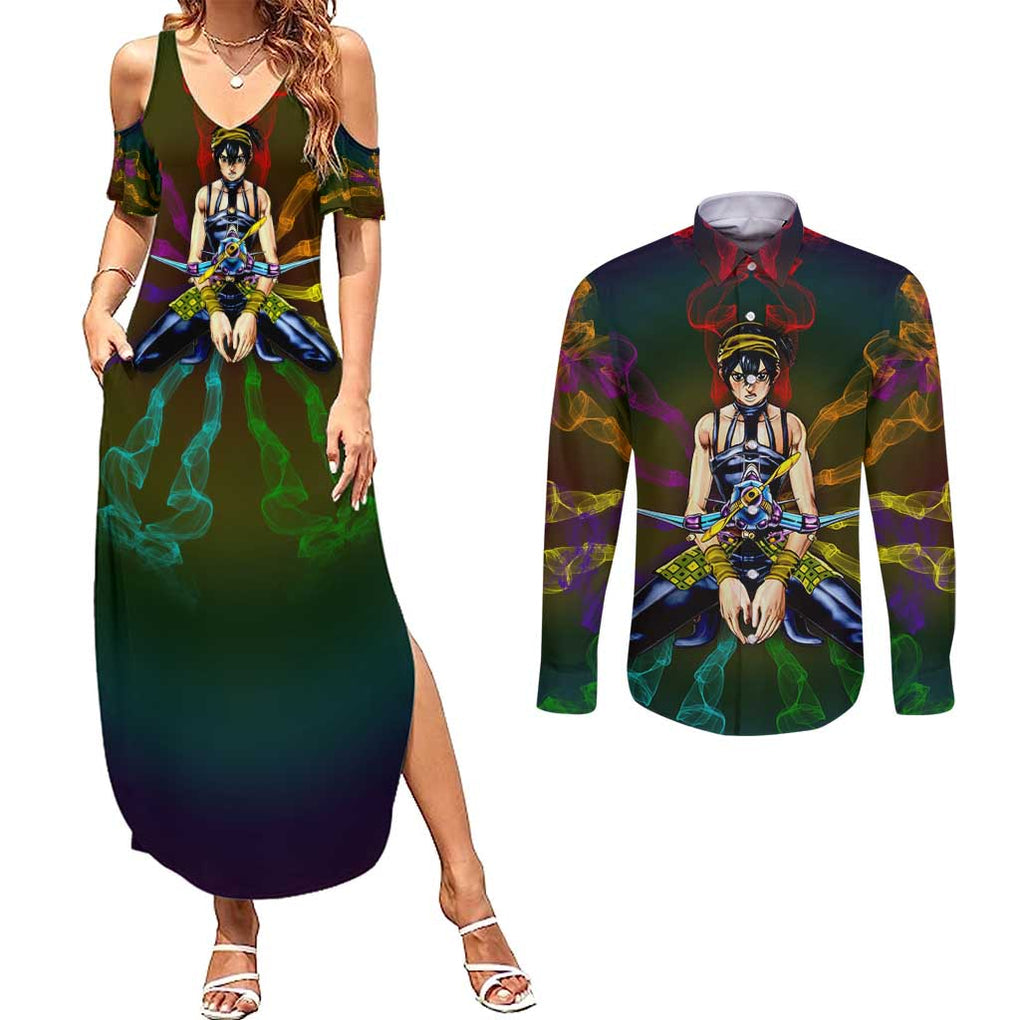 Trippy Narancia Lil Bomber Jojo’s Bizarre Adventure Couples Matching Summer Maxi Dress and Long Sleeve Button Shirt Trippy Style