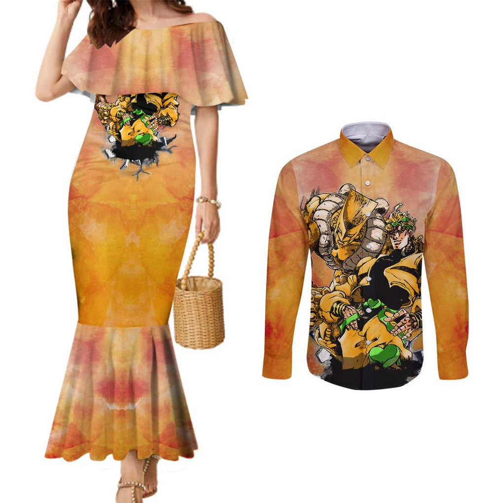 Trippy Dio V1 Jojo’s Bizarre Adventure Couples Matching Mermaid Dress and Long Sleeve Button Shirt Trippy Style