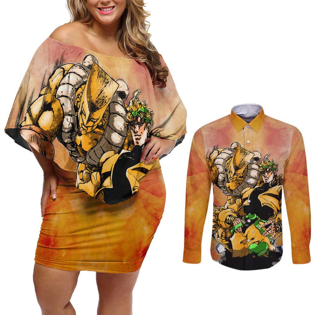 Trippy Dio V1 Jojo’s Bizarre Adventure Couples Matching Off Shoulder Short Dress and Long Sleeve Button Shirt Trippy Style