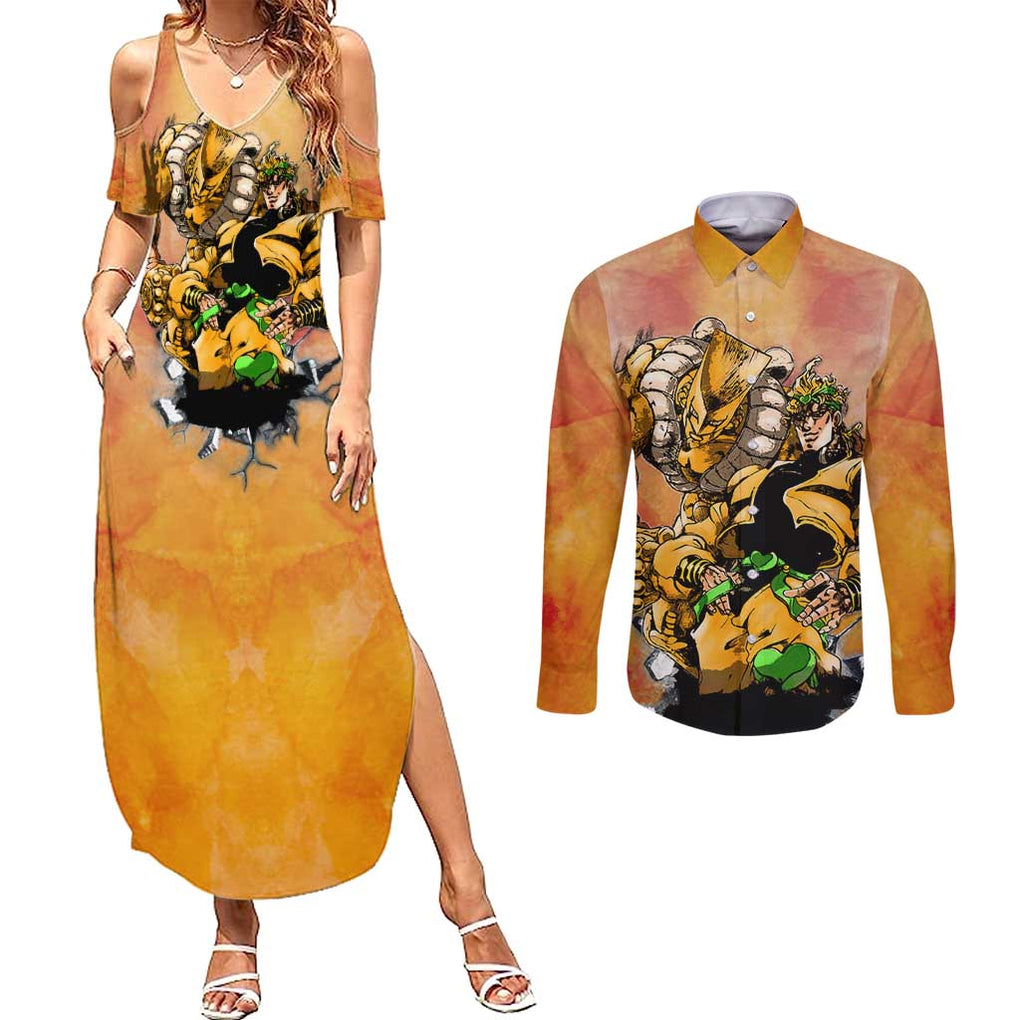 Trippy Dio V1 Jojo’s Bizarre Adventure Couples Matching Summer Maxi Dress and Long Sleeve Button Shirt Trippy Style