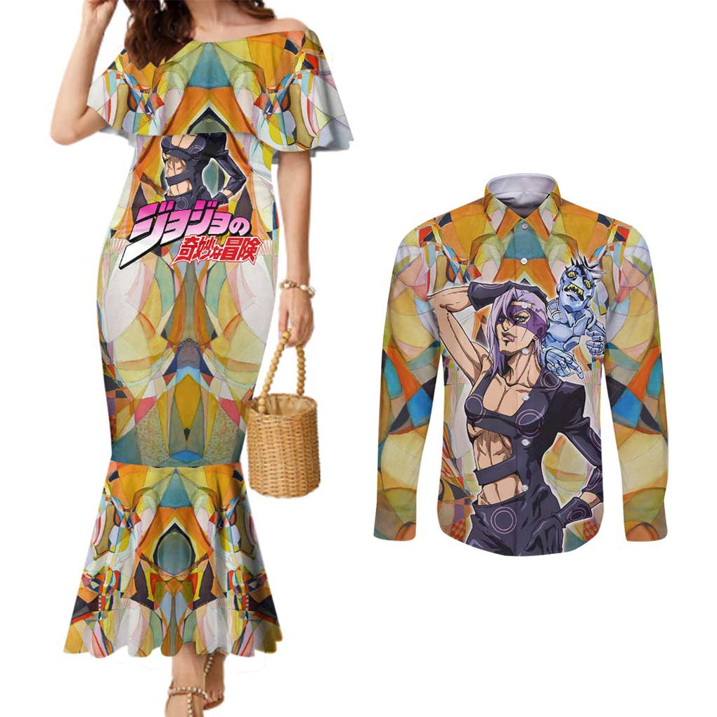 Trippy Melone Babyhead Jojo’s Bizarre Adventure Couples Matching Mermaid Dress and Long Sleeve Button Shirt Trippy Style