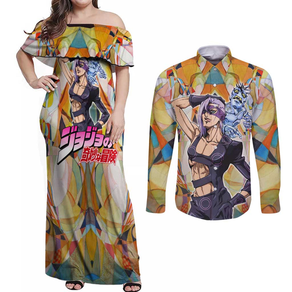 Trippy Melone Babyhead Jojo’s Bizarre Adventure Couples Matching Off Shoulder Maxi Dress and Long Sleeve Button Shirt Trippy Style