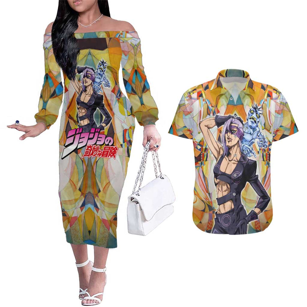 Trippy Melone Babyhead Jojo’s Bizarre Adventure Couples Matching Off The Shoulder Long Sleeve Dress and Hawaiian Shirt Trippy Style