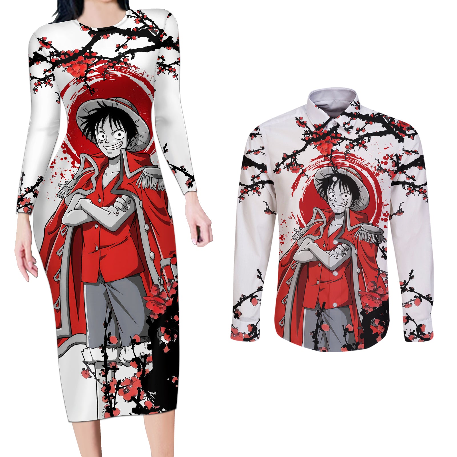 Luffy Pirate King - Japan Style Couples Matching Long Sleeve Bodycon Dress and Long Sleeve Button Shirt