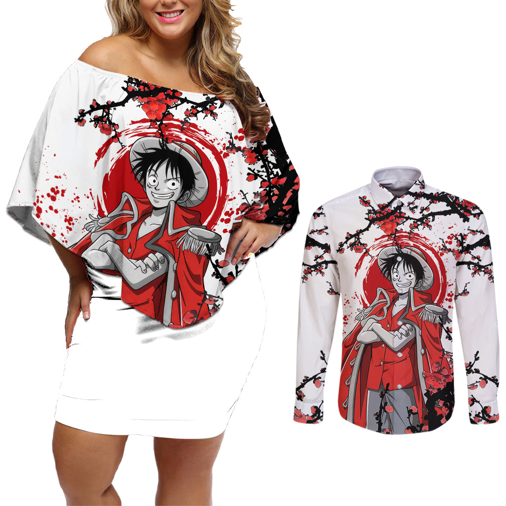 Luffy Pirate King - Japan Style Couples Matching Off Shoulder Short Dress and Long Sleeve Button Shirt