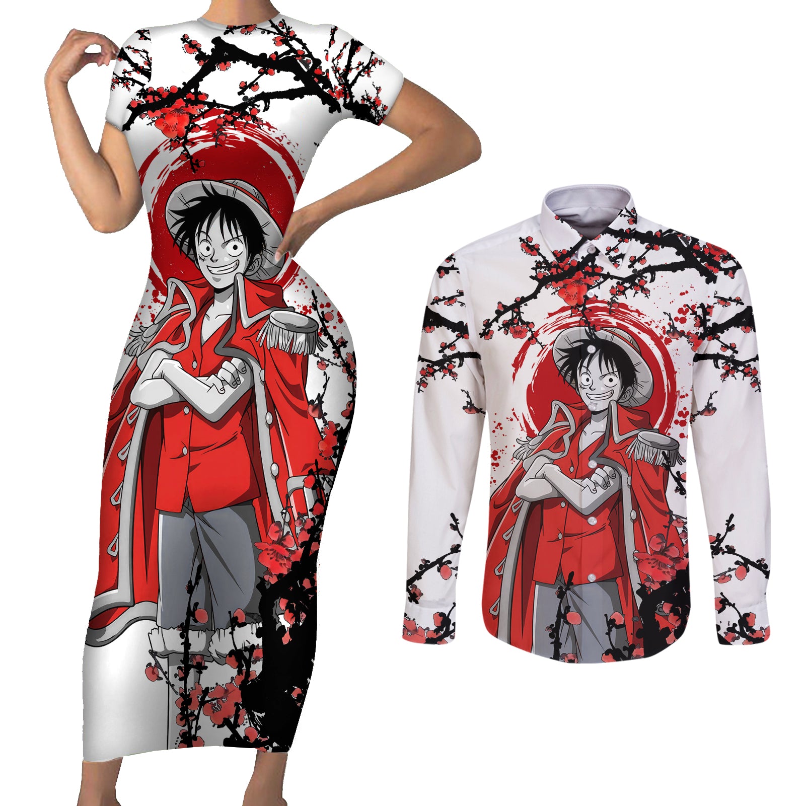 Luffy Pirate King - Japan Style Couples Matching Short Sleeve Bodycon Dress and Long Sleeve Button Shirt