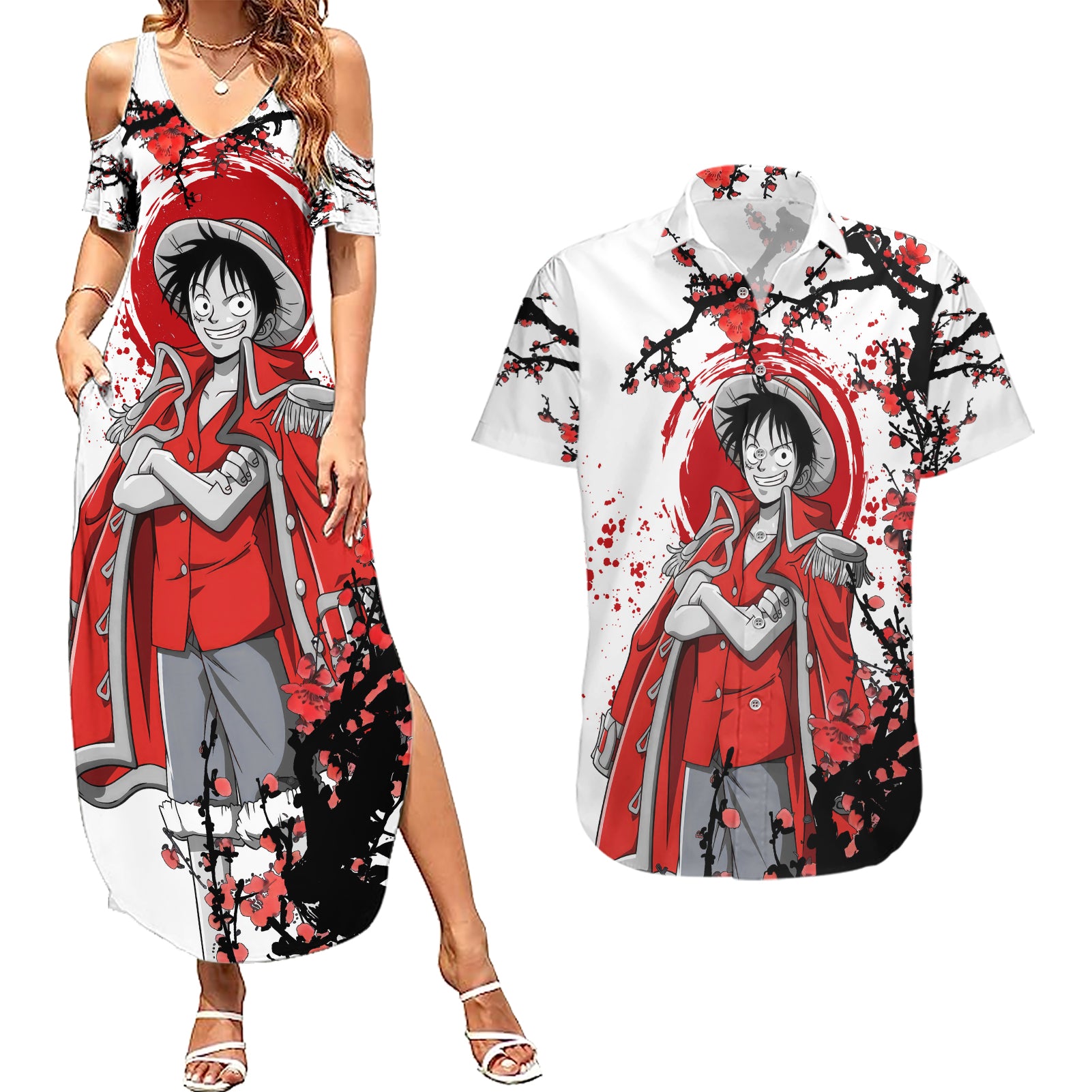 Luffy Pirate King - Japan Style Couples Matching Summer Maxi Dress and Hawaiian Shirt