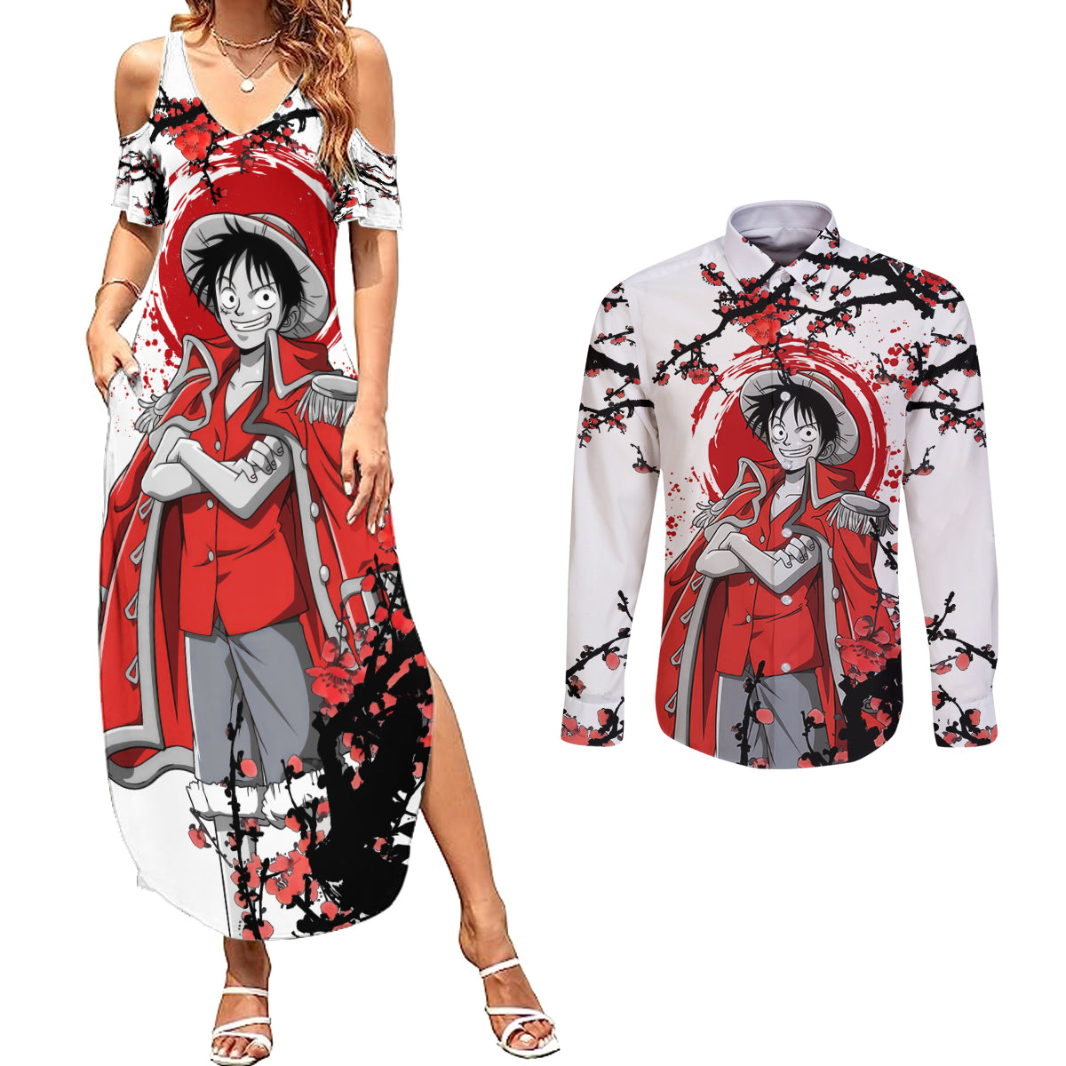 Luffy Pirate King - Japan Style Couples Matching Summer Maxi Dress and Long Sleeve Button Shirt